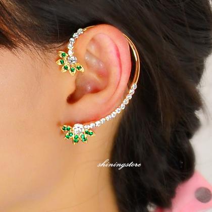 Leaf Ear Cuff Rhinestone Earring With14k Gold..